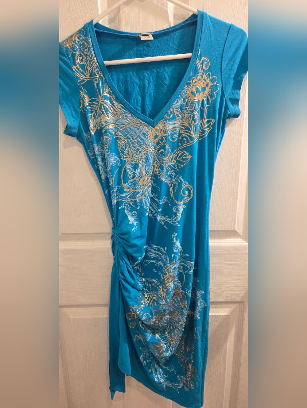 Cache Teal V-Neck Midi Dress with Gold Floral Print - Picture 4 of 6